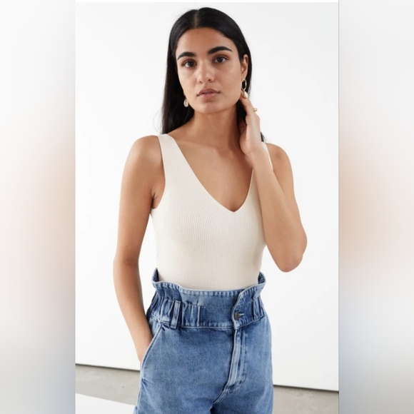 & Other Stories Stretch Rib V Cut Tank Top White Size Large - Picture 2 of 9